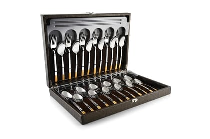 FnS Oscar 24 Karat Gold Plated Cutlery Set with Box (6 Dinner Spoon, 6 Dinner Fork, 6 Teaspoon & 6 Baby Spoons) FnS Oscar 24 Karat Gold Plated Cutlery Set with Box (6 Dinner Spoon, 6 Dinner Fork, 6 Teaspoon & 6 Baby Spoons)