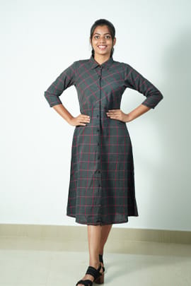 SOFT GREY DRESS WITH RED CHECKS