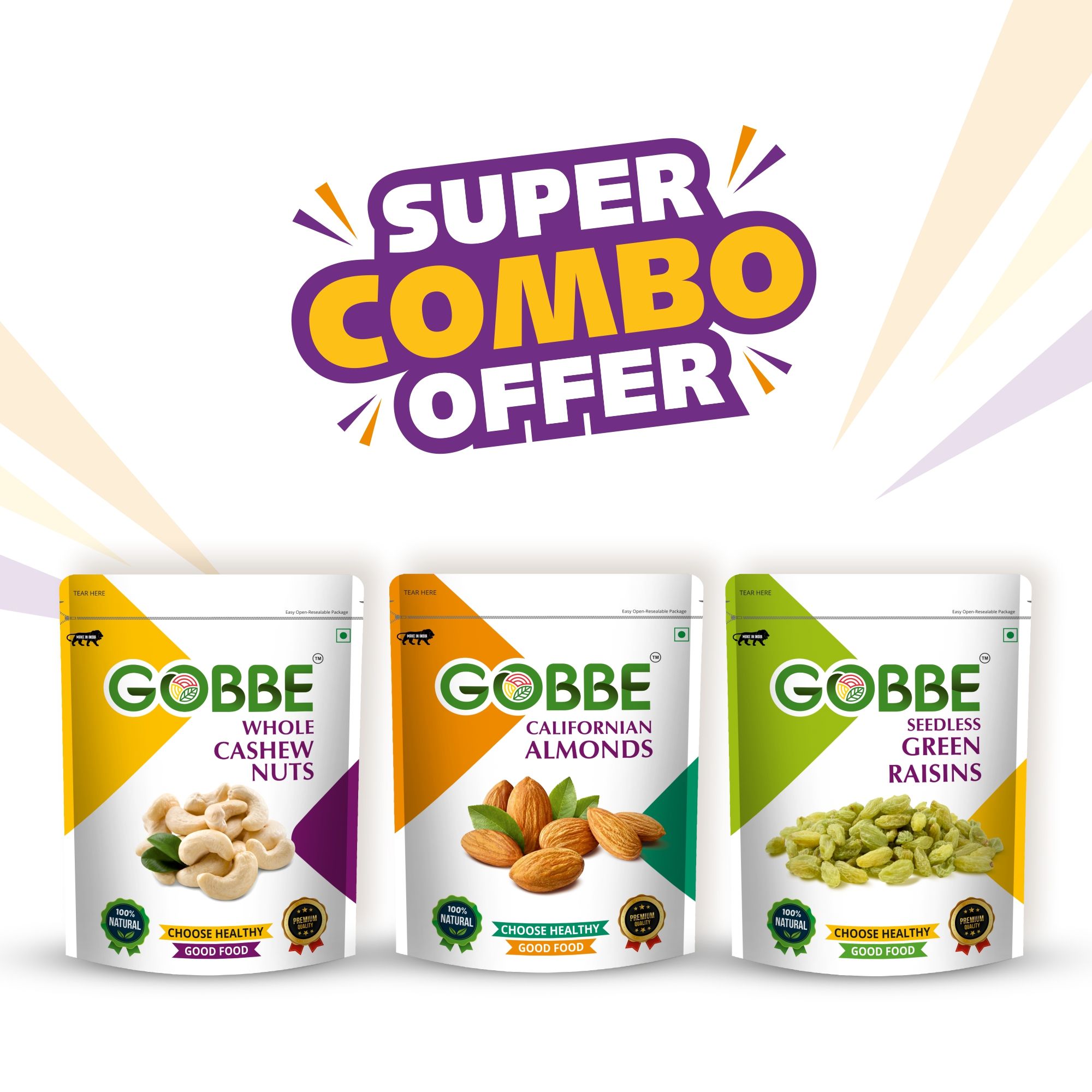 GOBBE Premium Almonds + Cashew + Green Raisins