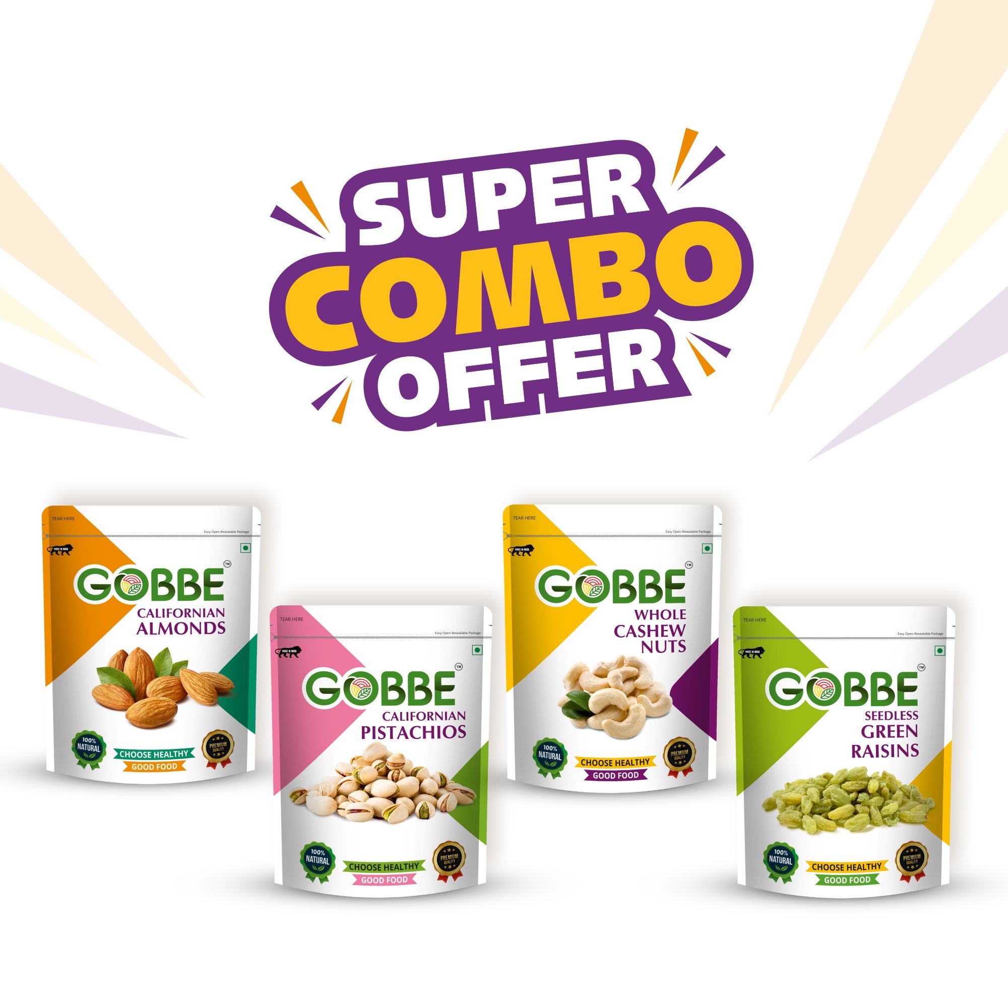 GOBBE Premium Almonds + Cashew Nuts + Pistachios + Green Raisins