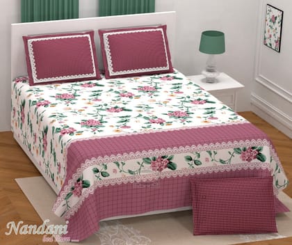 Exquisite mauve and white floral premium twill cotton double bedsheet with two pillow covers