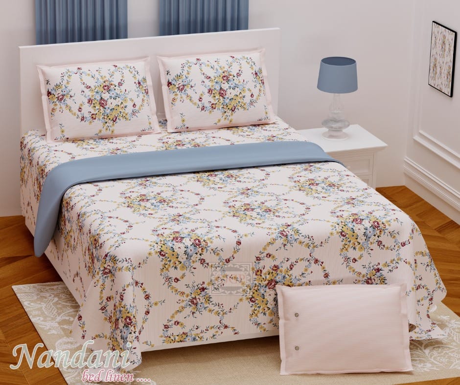 Shades of cream floral print on double bedsheet