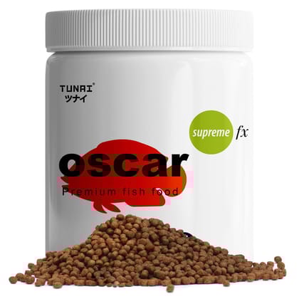 Tunai Supreme Formula Oscar Fish Food Fortified with 40% Protein and Vitamins, Essential for Color Enhancement, Growth for Medium and Large Sized Oscar Fishes, 4MM Pellet Size, 100g Tunai Supreme Formula Oscar Fish Food Fortified with 40% Protein and Vitamins, Essential for Color Enhancement, Growth for Medium and Large Sized Oscar Fishes, 4MM Pellet Size, 100g