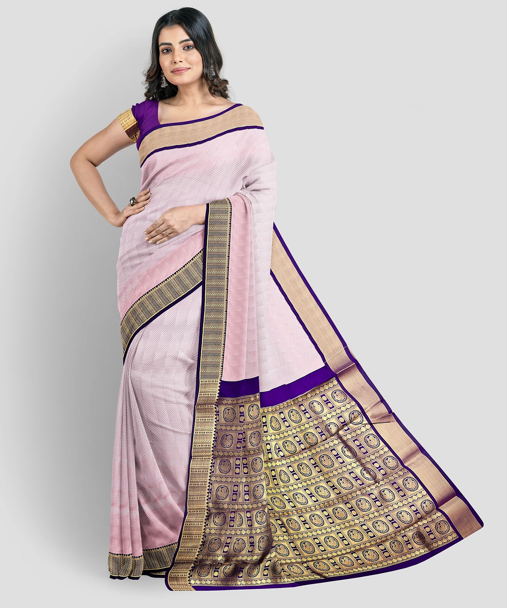 Pink Color Plain Korvai Saree with Unstitched Blouse