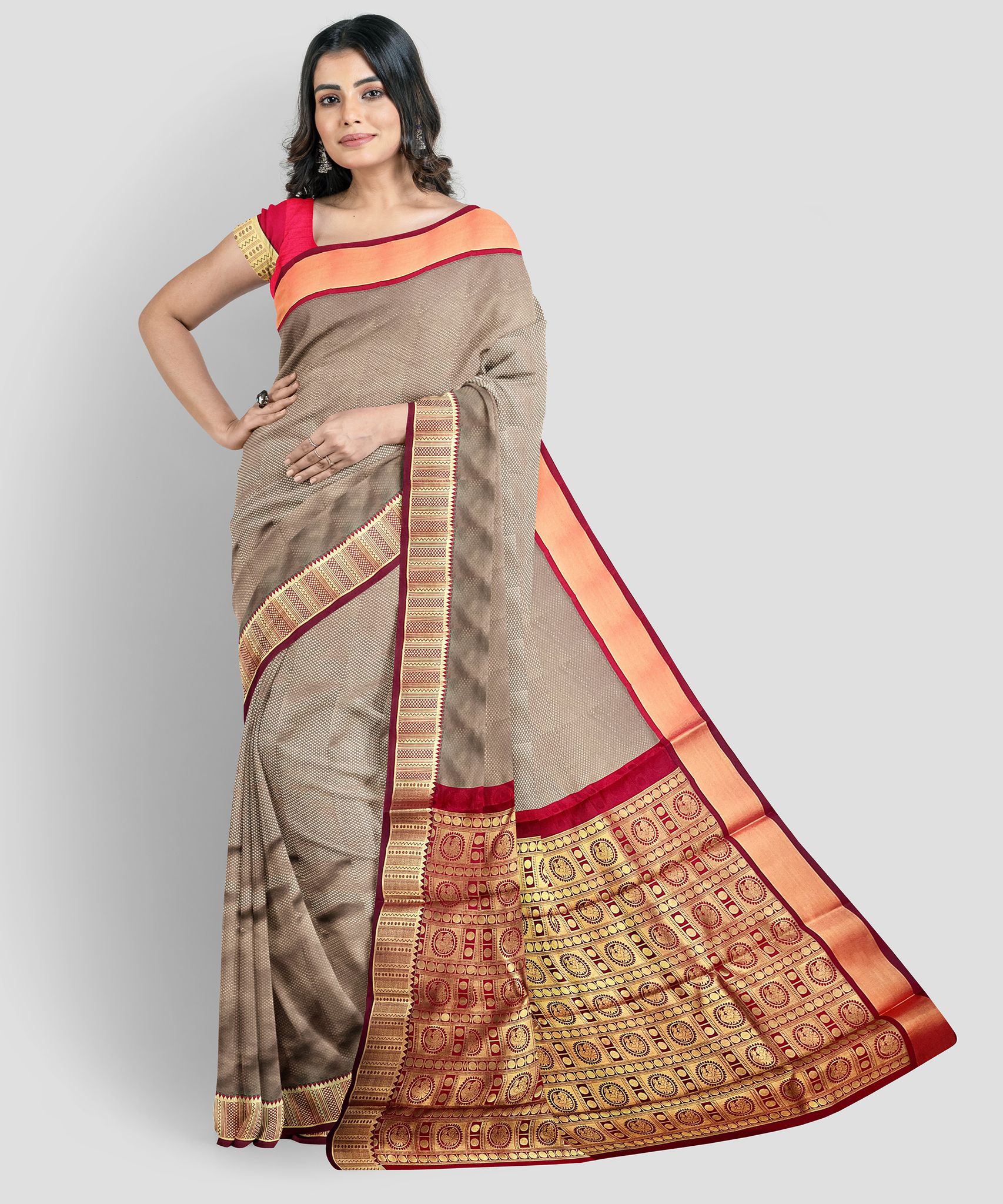 Beige Color Plain Korvai Saree with Unstitched Blouse