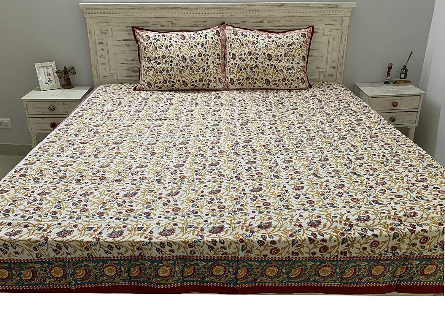 Firdaus 100% Cotton Hand Block Print Red & White Bedsheet (Bedsheet + 2 Pillow Covers), King Size