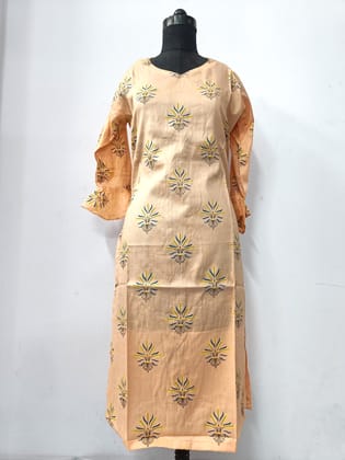Shazo Fashion  Women's Cotton Rayon Mix Fabric Block Printing Handwork Straight Kurta with Side Slit  Green