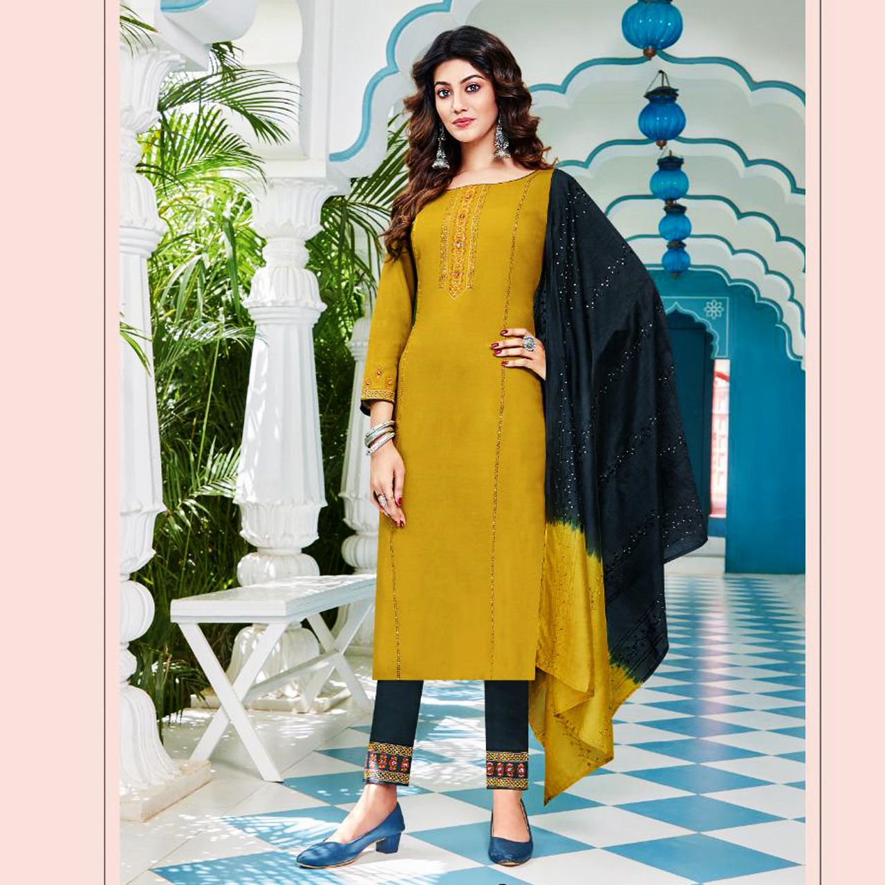 TALK BY FASHION Women Embroidered Lemon Yellow Kurta with Pants & Dupatta