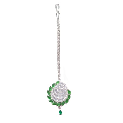 Party wear Green Cz Silver Plated Maangtika For Girls & Women Party wear Green Cz Silver Plated Maangtika For Girls & Women