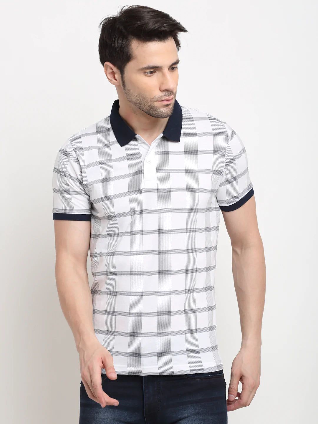 Rodamo  Men White Checked Polo Collar Slim Fit T-shirt