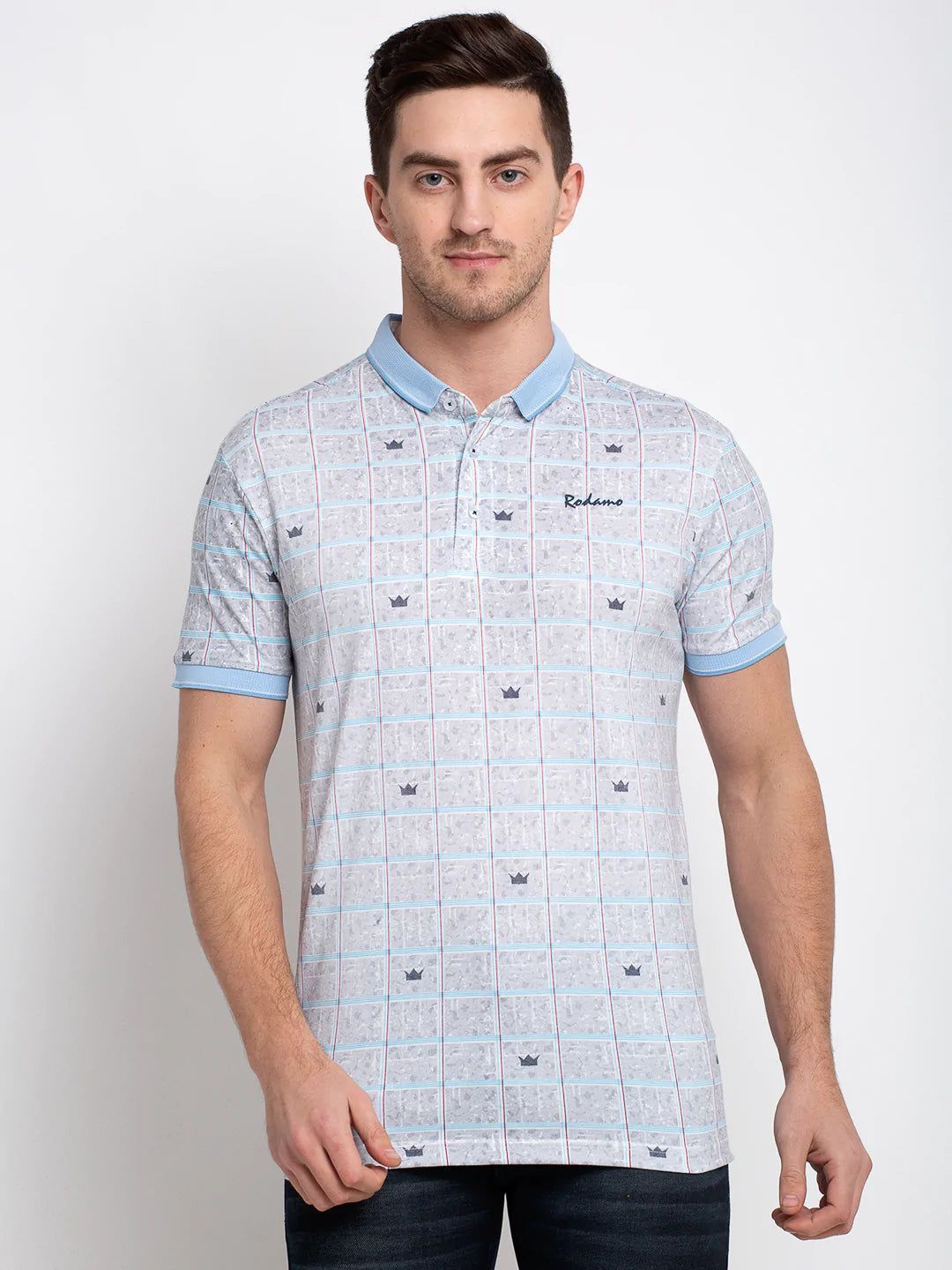 Rodamo  Men Grey Self Design Polo Collar T-shirt