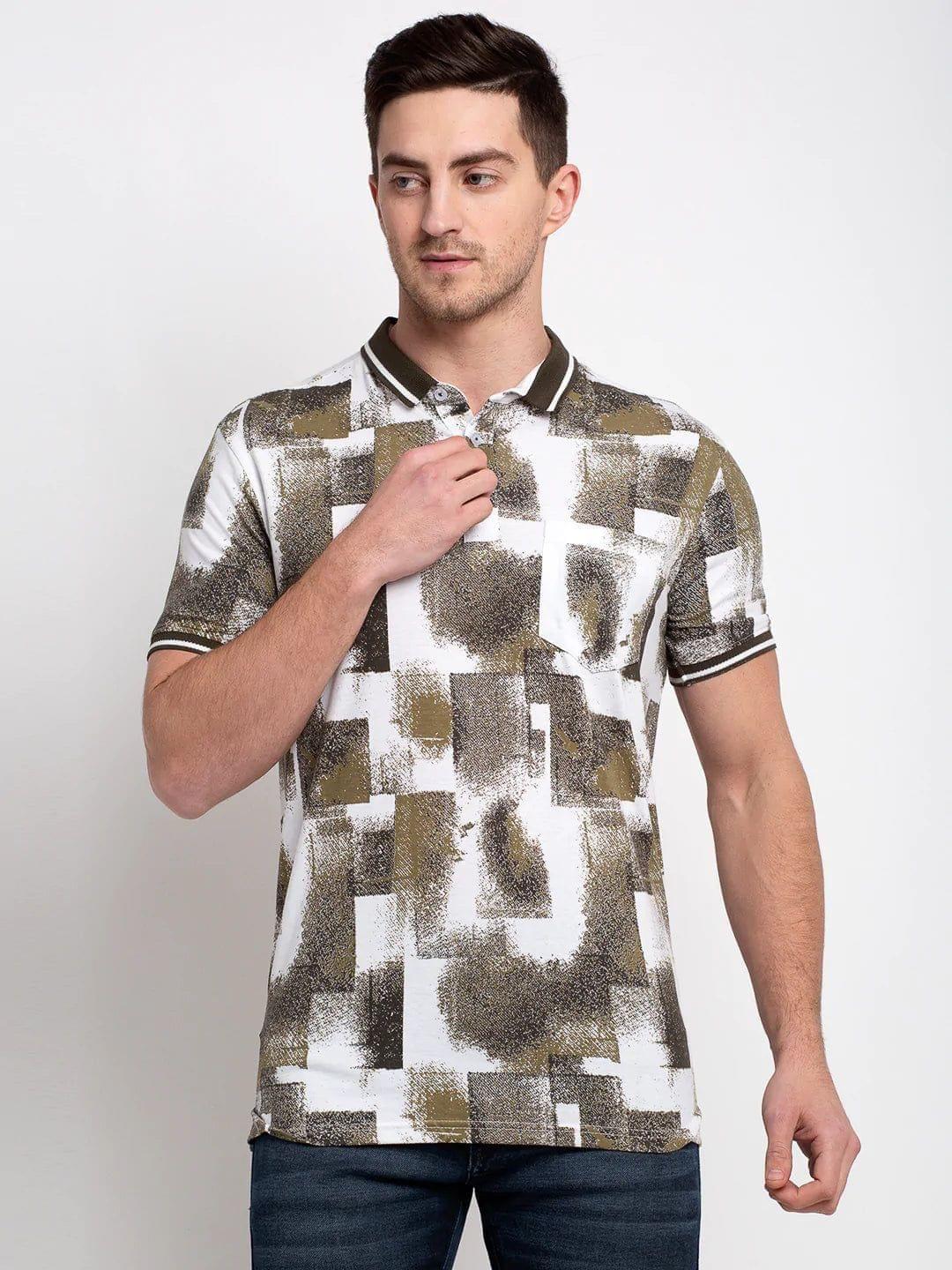 Rodamo  Men White  Olive Green Printed Polo Collar T-shirt
