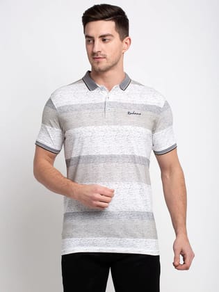 Rodamo Men White Striped Polo Collar T-shirt