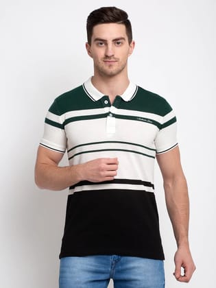 Rodamo Men Green  White Striped Polo Collar T-shirt