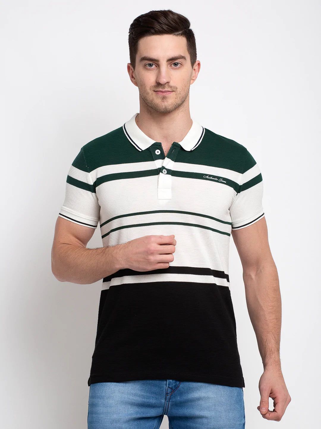 Rodamo Men Green  White Striped Polo Collar T-shirt