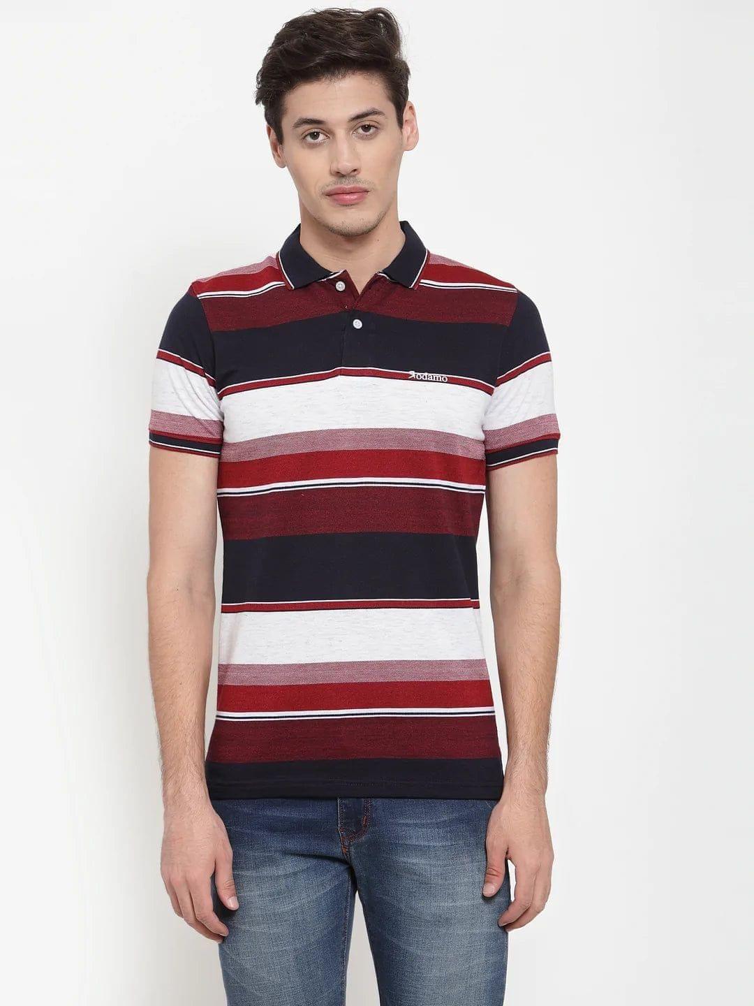 Rodamo Men Maroon  Navy Blue Striped Polo Collar T-shirt