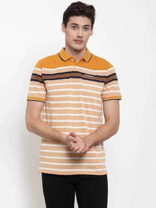 Rodamo Men Mustard Yellow  White Striped Polo Collar T-shirt