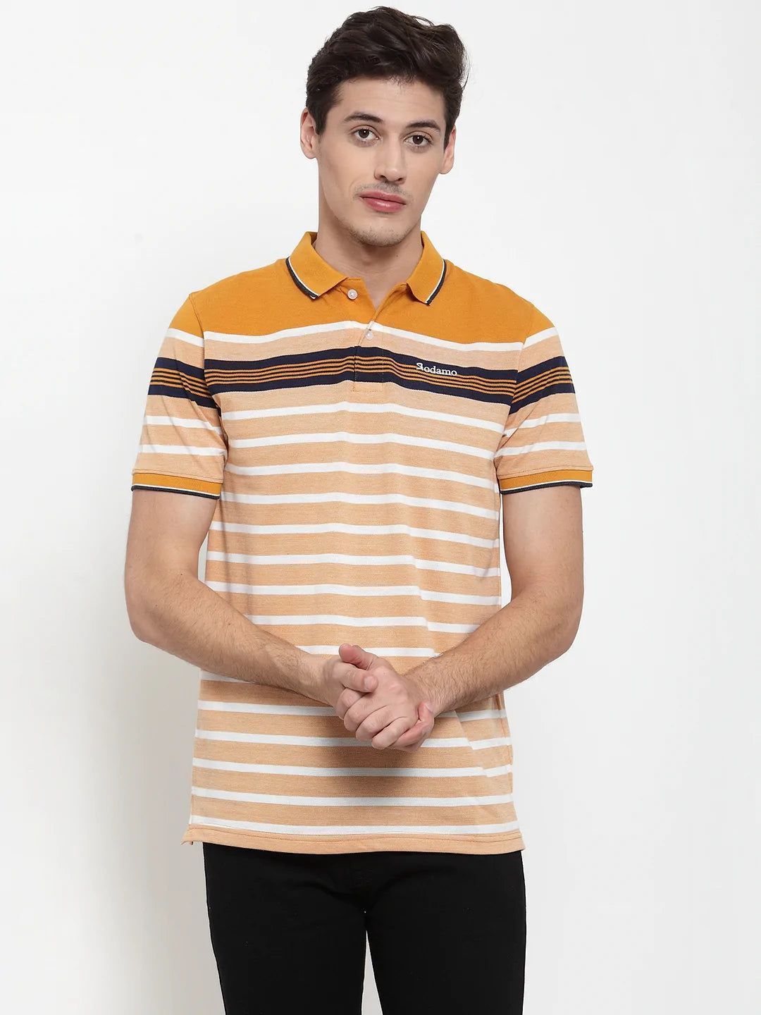 Rodamo Men Mustard Yellow  White Striped Polo Collar T-shirt