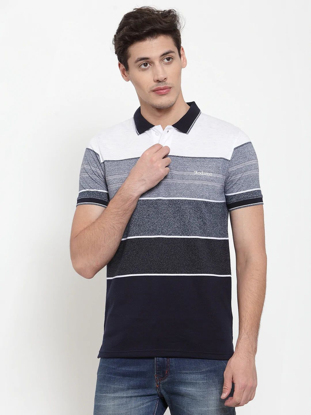 Rodamo Men Grey  Navy Striped Polo Collar T-shirt
