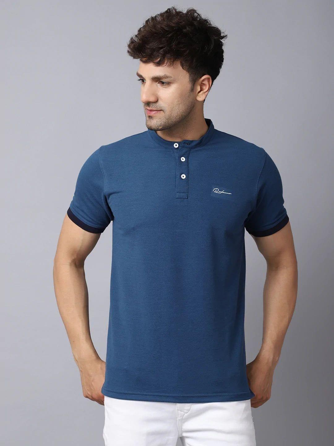 Rodamo  Men Blue Mandarin Collar Cotton Slim Fit T-shirt