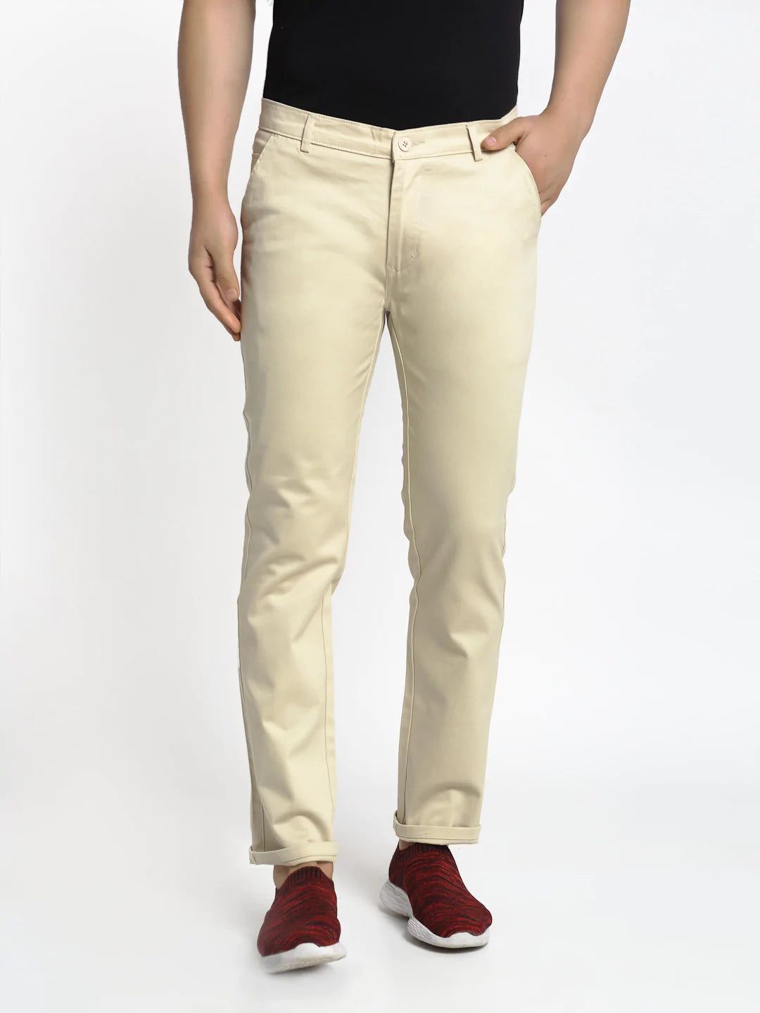 Rodamo  Men Cream-Coloured Slim Fit Solid Regular Trousers