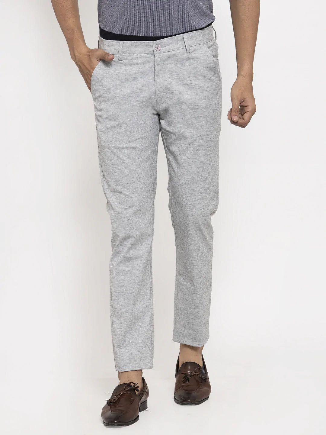 Rodamo  Men Grey Slim Fit Self Design Regular Trousers