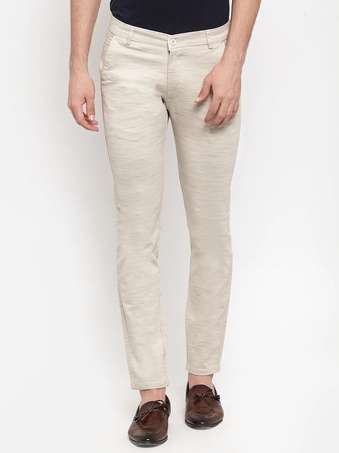 Rodamo  Men Beige Slim Fit Striped Regular Trousers