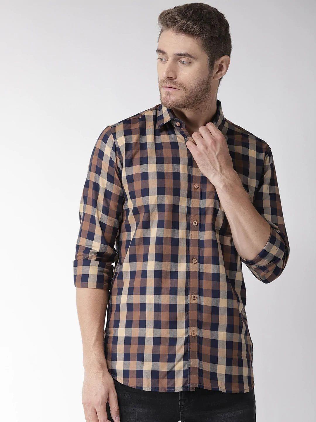 Rodamo Men Brown  Navy Blue Slim Fit Checked Casual Shirt