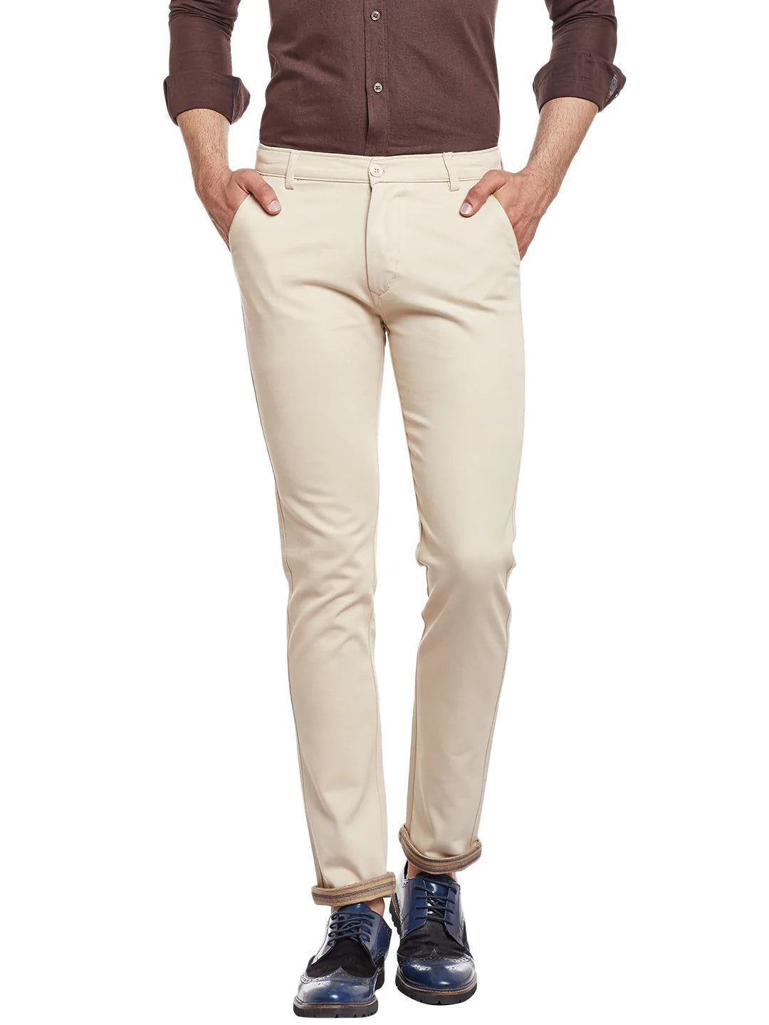 Rodamo  Men Cream Slim Fit Trousers
