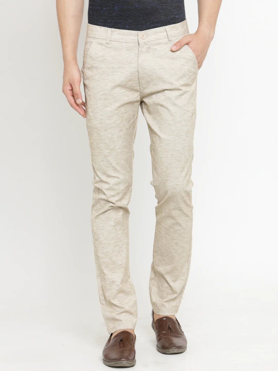 Rodamo  Men Beige Slim Fit Trousers