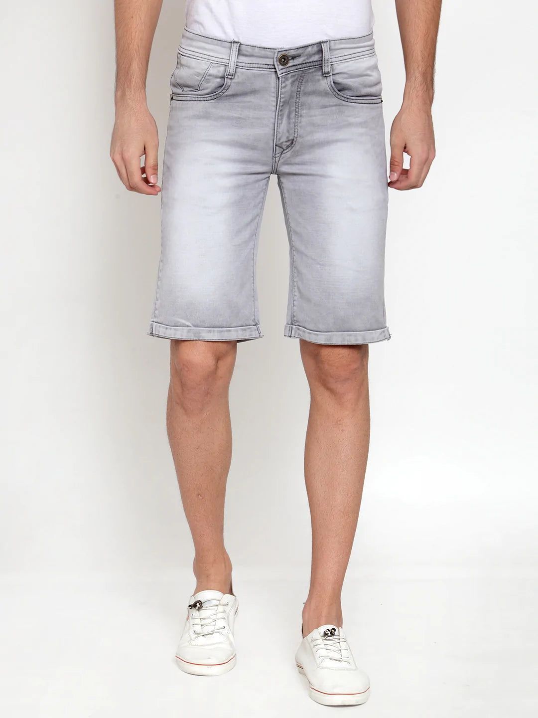 Rodamo  Men Grey Washed Slim Fit Denim Shorts