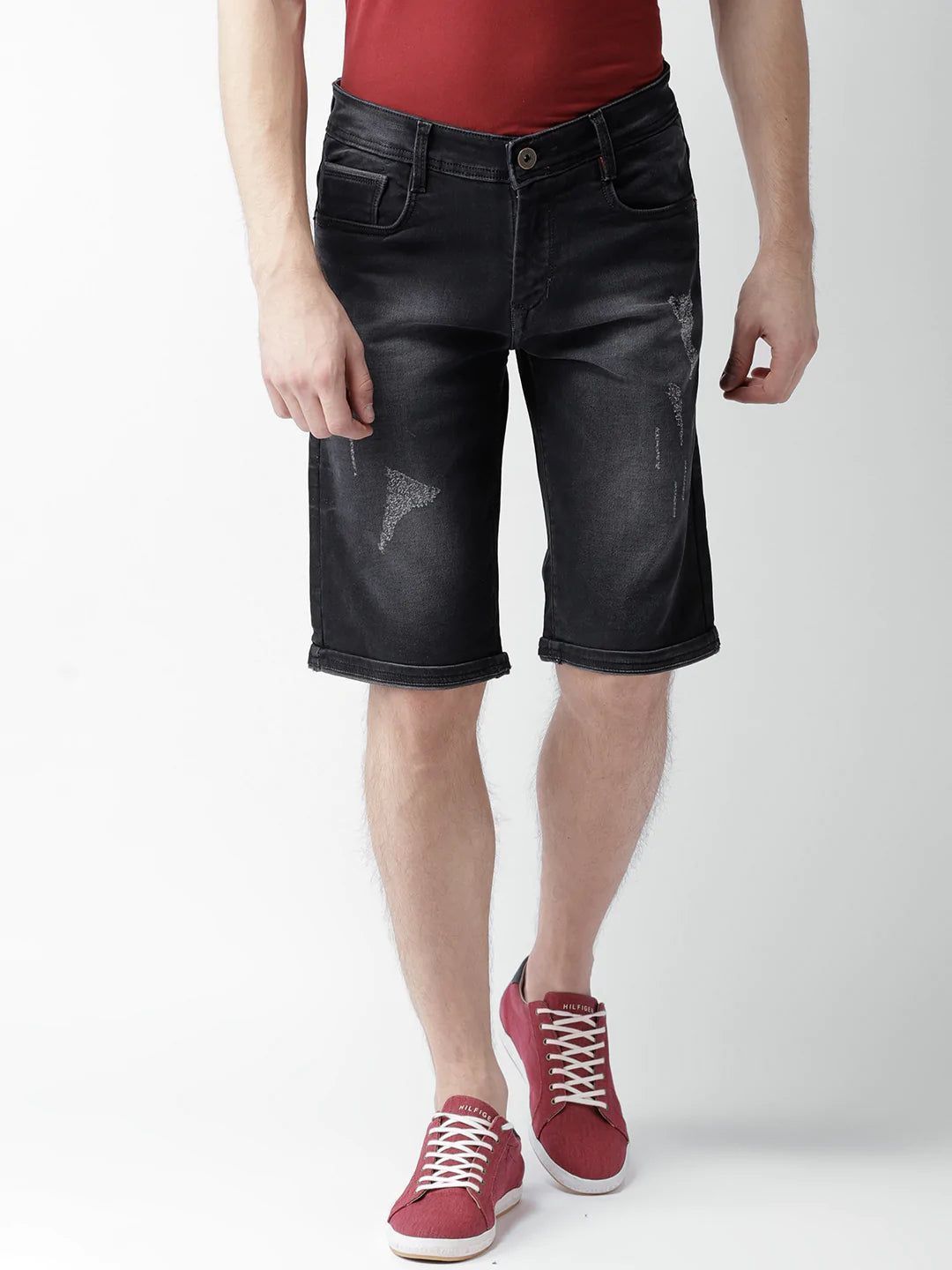 Rodamo Men Black Washed Slim Fit Denim Shorts