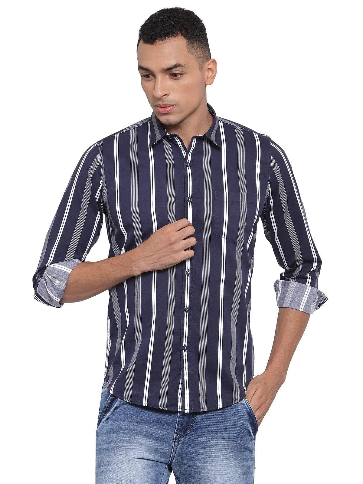 Rodamo  Men Navy Blue Slim Fit Striped Shirts