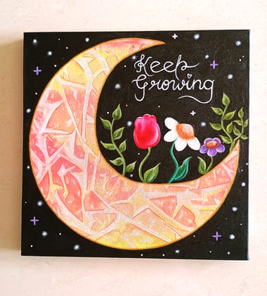 Handmade Acrylic Canvas Painting with in-built frame - "Keep Growing" Size 12x12 inches