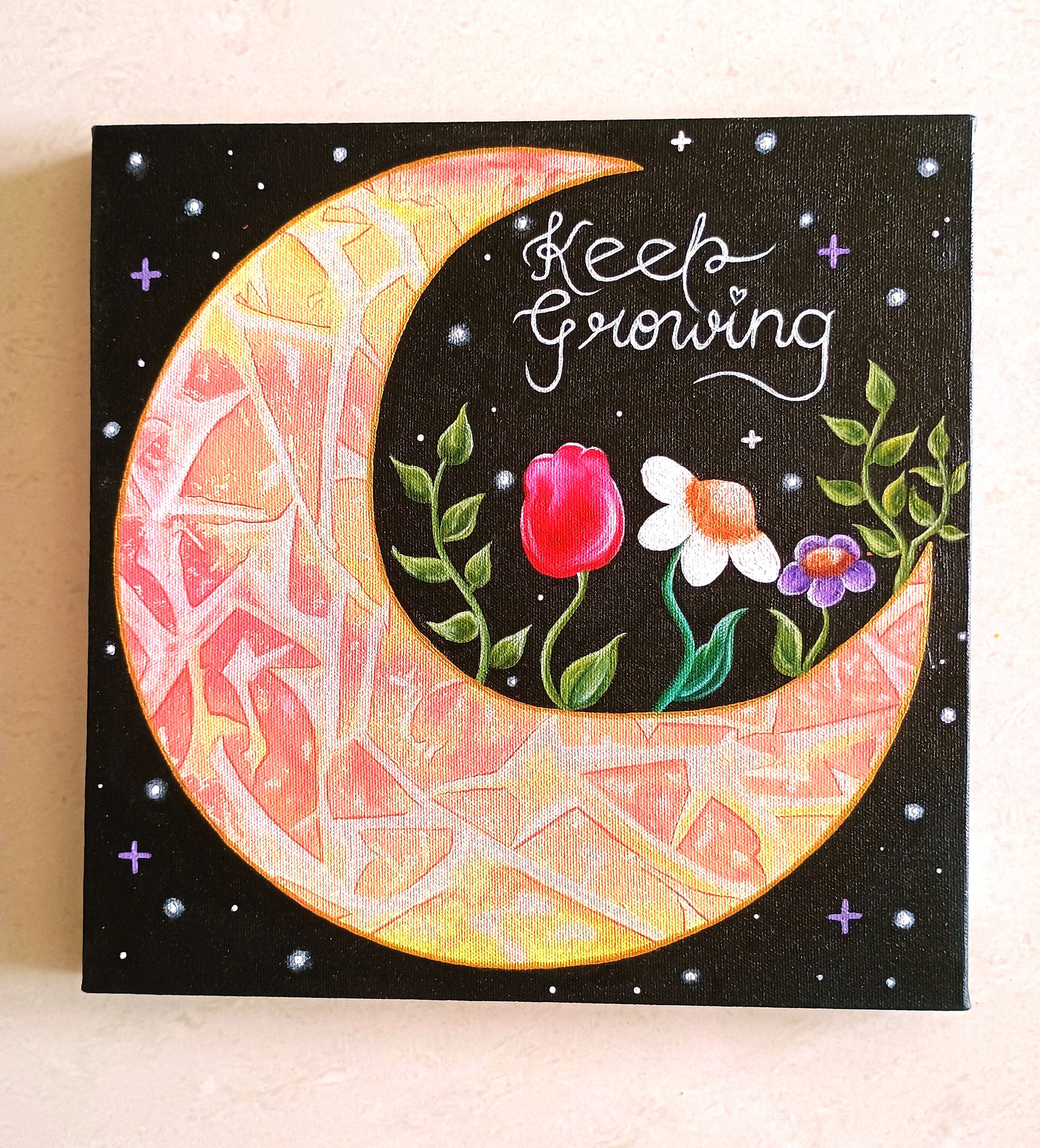 Handmade Acrylic Canvas Painting with in-built frame - "Keep Growing" Size 12x12 inches