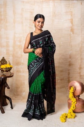 Bottle Green & Black Tribal Fusion Silk Saree