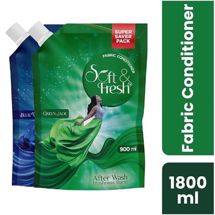 Soft & Fresh combo Pack of Green Jade & Blue Wave 2X900ml, best fabric conditioner softener increase freshness and softness 900ml refill pouch Pack of 2 Soft & Fresh combo Pack of Green Jade & Blue Wave 2X900ml, best fabric conditioner softener increase freshness and softness 900ml refill pouch Pack of 2