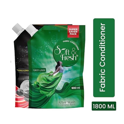 Soft & Fresh combo Pack of Green Jade & Vanilla Dreams 2X900ml, best fabric conditioner softener increase freshness and softness 900ml refill pouch Pack of 2 Soft & Fresh combo Pack of Green Jade & Vanilla Dreams 2X900ml, best fabric conditioner softener increase freshness and softness 900ml refill pouch Pack of 2