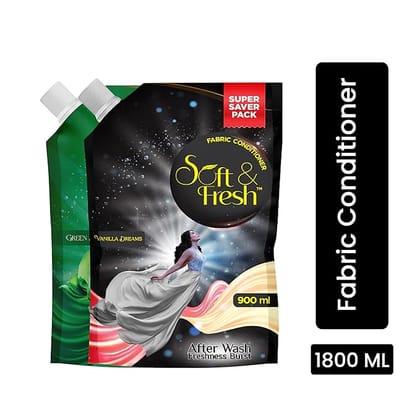 Soft & Fresh combo pack of Vanilla Dreams & Green Jade 2X900ml, best fabric conditioner softener increase freshness and softness 900ml refill pouch Pack of 2 Soft & Fresh combo pack of Vanilla Dreams & Green Jade 2X900ml, best fabric conditioner softener increase freshness and softness 900ml refill pouch Pack of 2