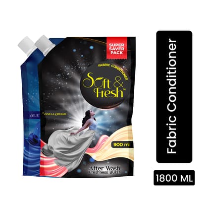 Soft & Fresh combo Pack of Blue Wave & Vanilla Dreams 2X900ml, best Fabric Conditioner softener increase Freshness and softness 900ml refill pouch Pack of 2 Soft & Fresh combo Pack of Blue Wave & Vanilla Dreams 2X900ml, best Fabric Conditioner softener increase Freshness and softness 900ml refill pouch Pack of 2