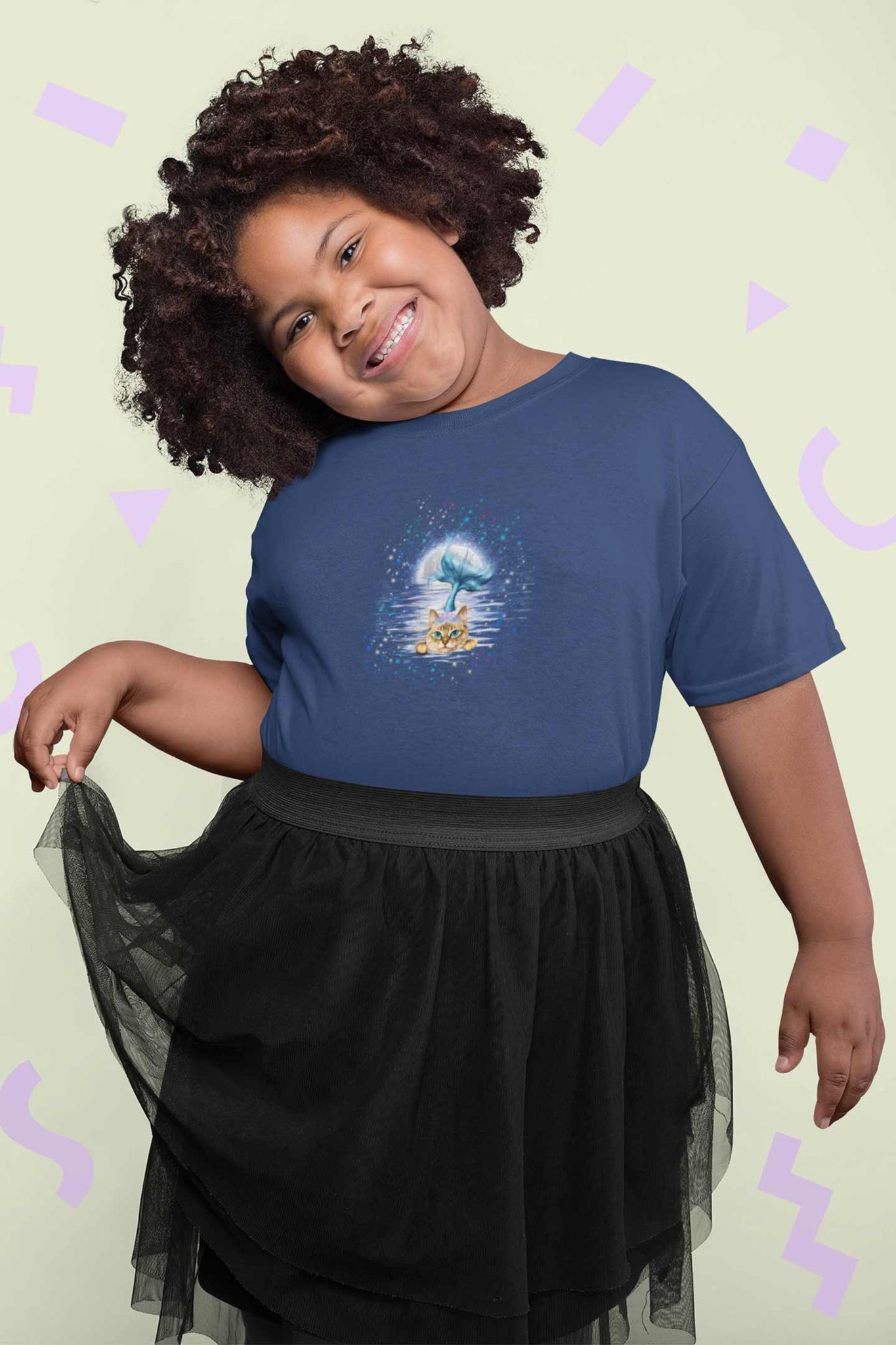 Round Neck T-Shirt (Kids) - Little Meowmaid Cat (17 Colours)