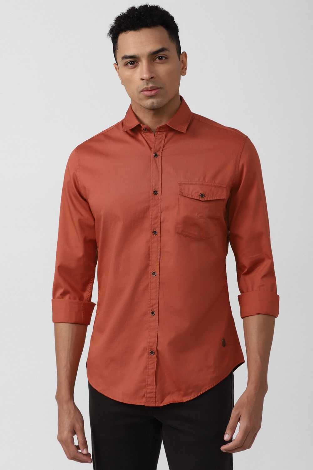 Men Orange Slim Fit Solid Full Sleeves Casual Shirt