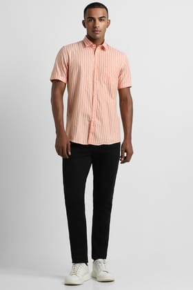 Men Peach Slim Fit Stripe Half Sleeves Casual Shirt Men Peach Slim Fit Stripe Half Sleeves Casual Shirt