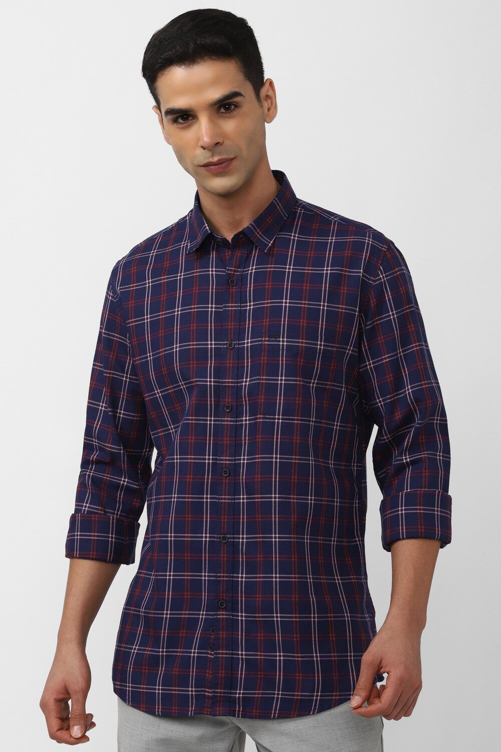 Men Navy Slim Fit Check Full Sleeves Casual Shirt