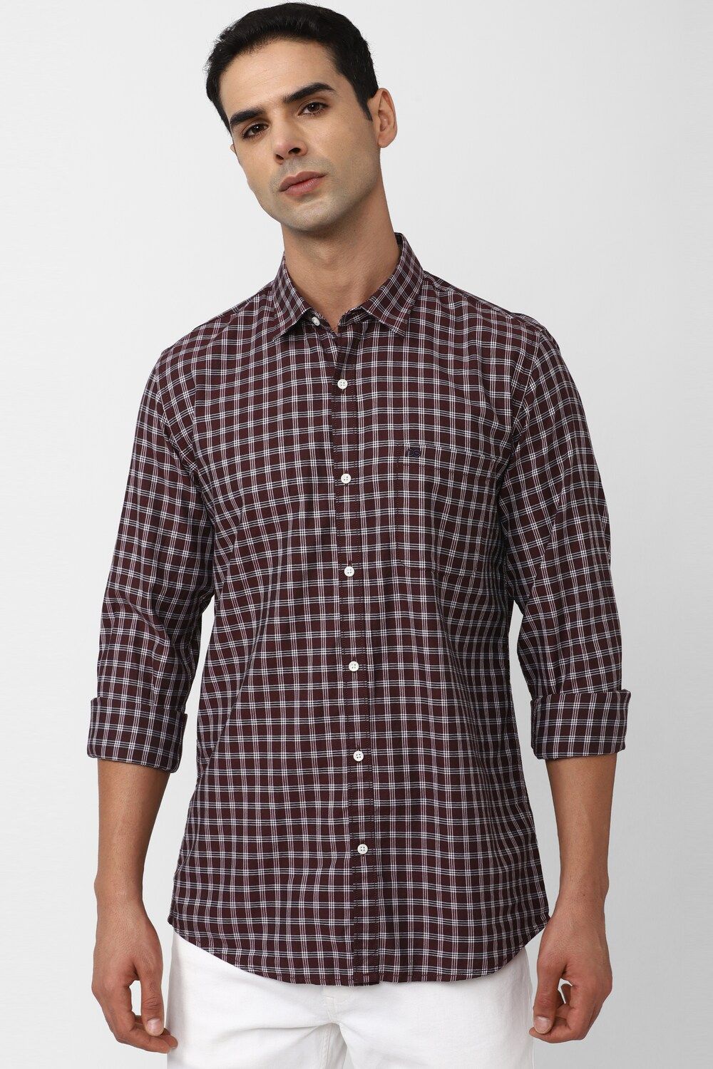 Men Brown Slim Fit Check Full Sleeves Casual Shirt