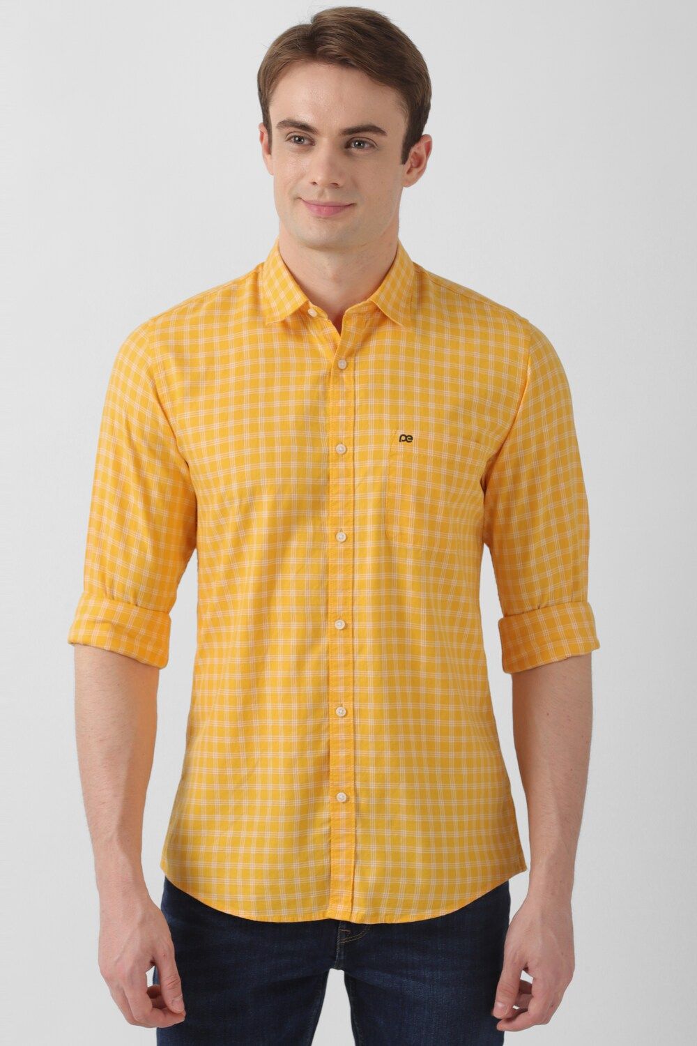 Men Yellow Slim Fit Check Full Sleeves Casual Shirt
