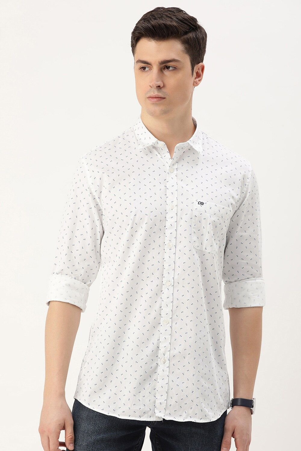 Men White Slim Fit Print Full Sleeves Casual Shirt