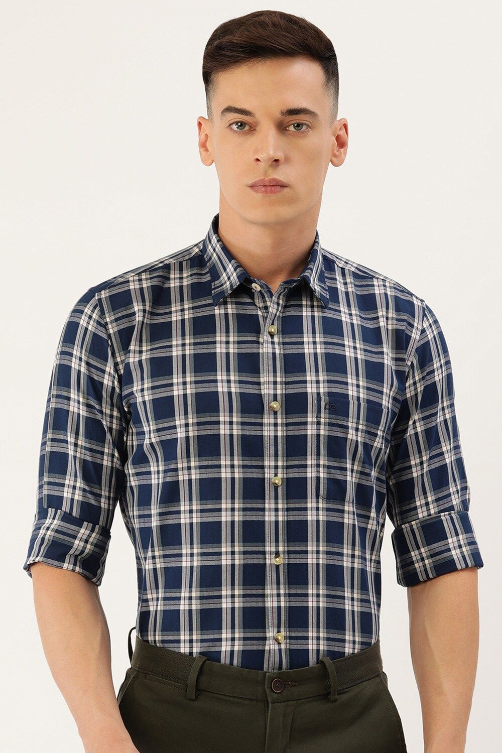 Men Navy Slim Fit Check Full Sleeves Casual Shirt