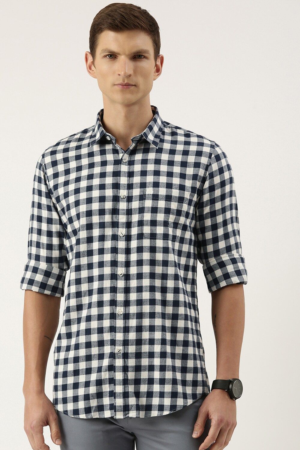 Men Navy Slim Fit Check Full Sleeves Casual Shirt