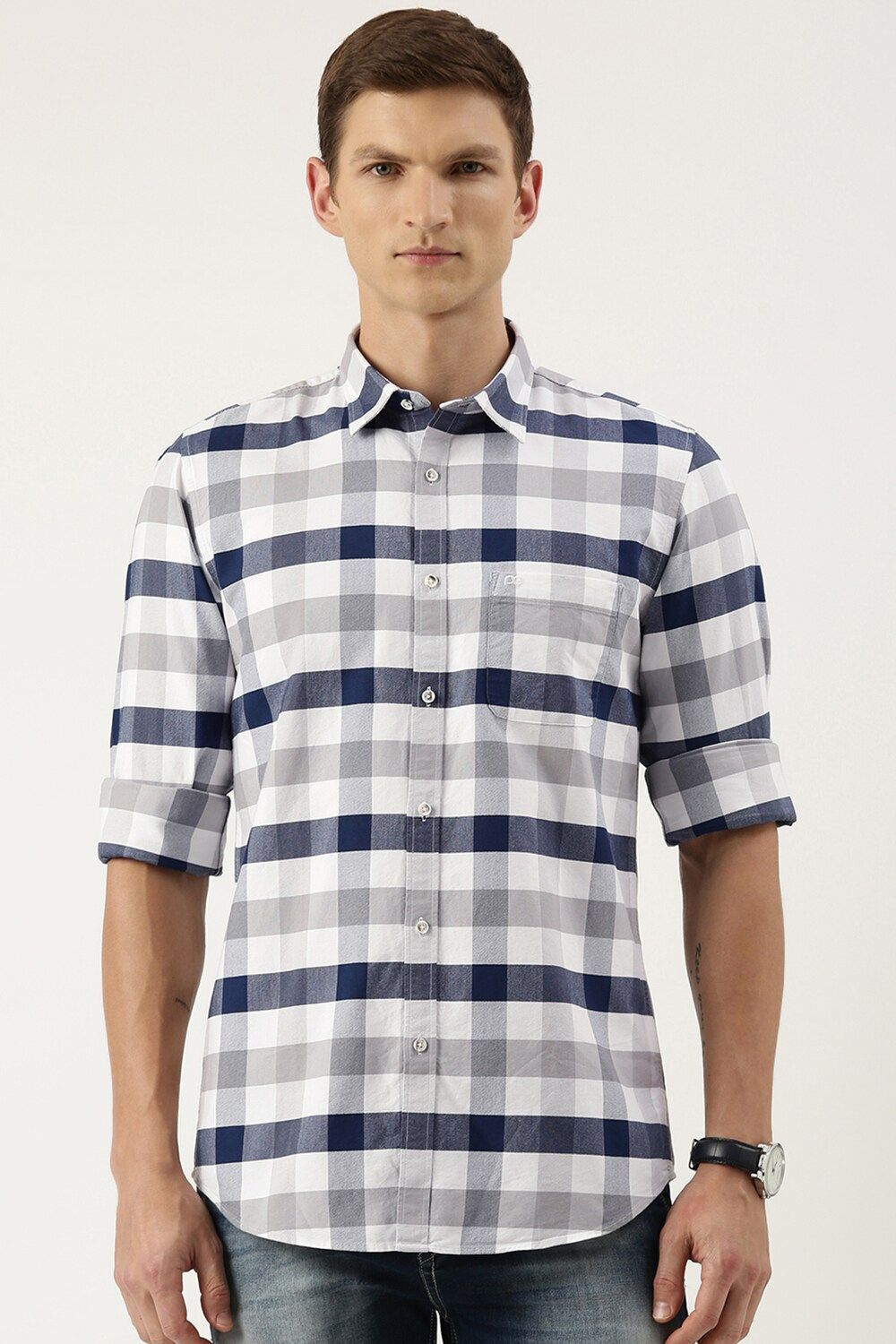 Men White Slim Fit Check Full Sleeves Casual Shirt